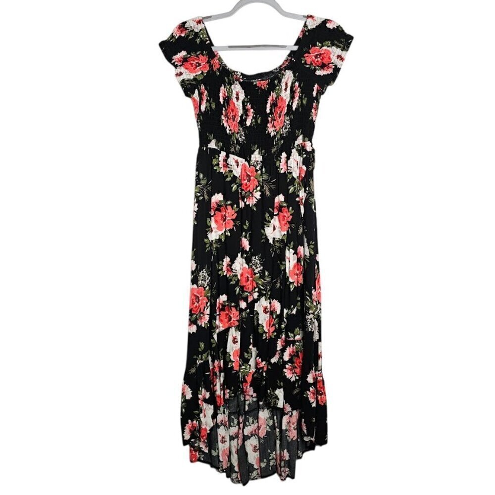 TORRID Challis Maxi Dress size 00 M 10 BLACK PINK & WHITE Floral Hi-Low Summer - Picture 2 of 11